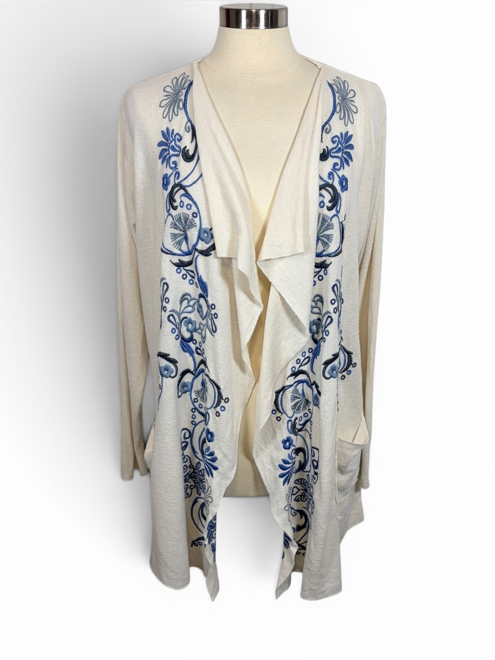 JOHNNY WAS Lightweight Drape-Front Embroidered Cardigan, Large